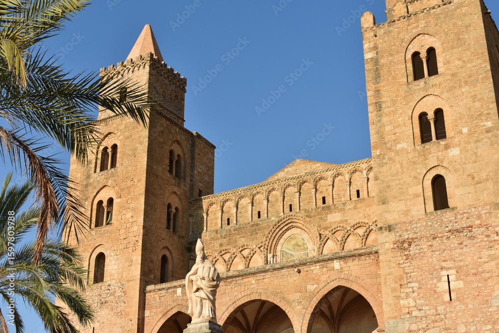 Fototapeta premium Cefalu Sicily, Italy - July, 2025: Cefalu Cathedral or Duomo di Cefalu, a Roman Catholic church. Travel to Italy. Sightseeing in Cefalu. Summer in Sicily. 