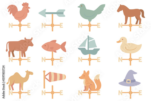 Weather vane vector illustration: icon collection for design projects in flat style