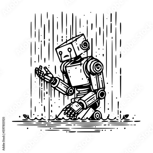 A desolate robot kneeling in the rain with a sad expression and water puddles around its feet in black and white