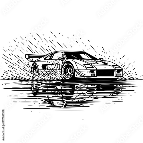 Black and white illustration of a race car with the number twenty two reflected in water art