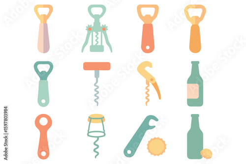 Vintage corkscrew and bottle opener collection vector illustration for bar and kitchen decor