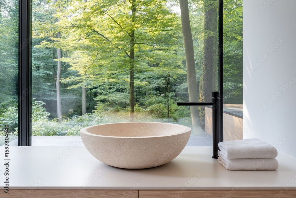 Fototapeta premium Warm and modern minimalist bathroom with luxury plumbing and design.