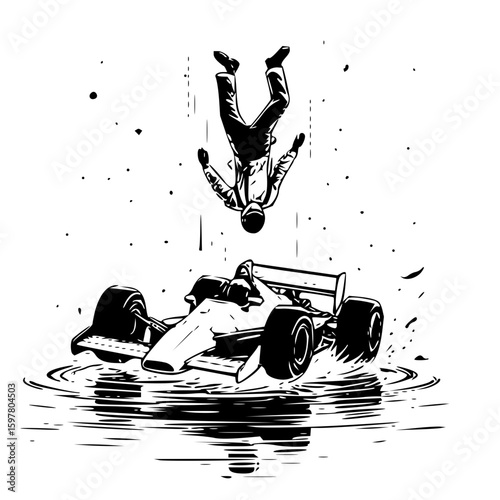 Person falling above a race car in water with reflections in black and white illustration style