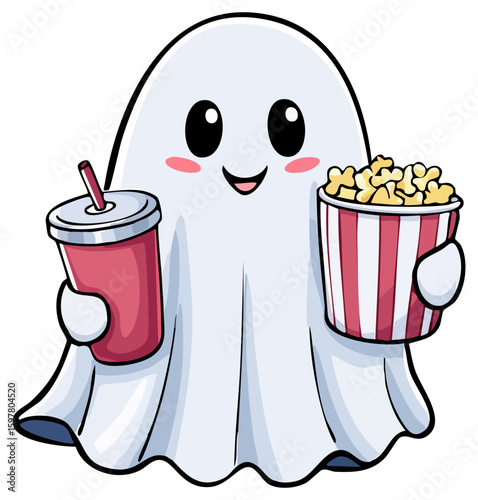 Cute cartoon ghost holding a soft drink with a straw and a bucket of popcorn 