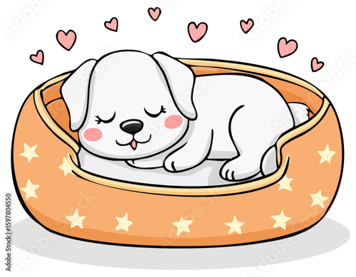 Cute cartoon dog napping in a dog bed 