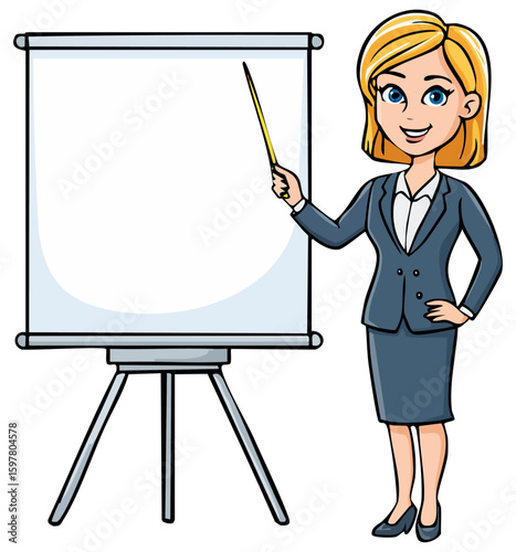 Teacher or business woman pointing to a blank white board with room for text 