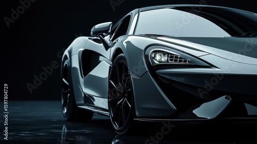 Sleek, gray sports car with sharp lines and reflective surface, showcased in a dark studio setting.