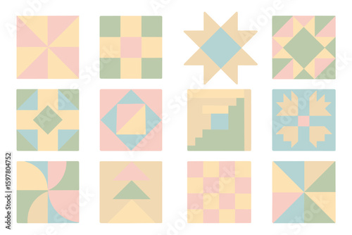 Pastel quilt patterns vector illustration for design, patchwork art, minimalistic flat style