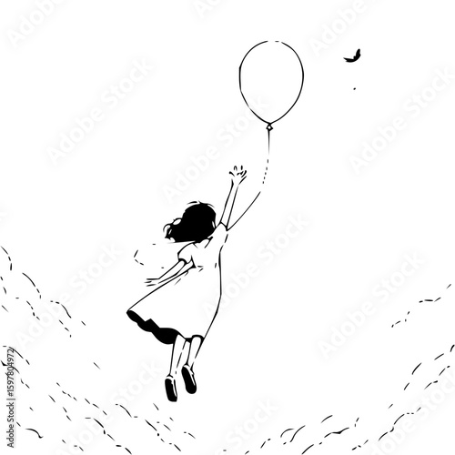 A girl in a dress reaches for a balloon floating in the sky with a moon and clouds in the background
