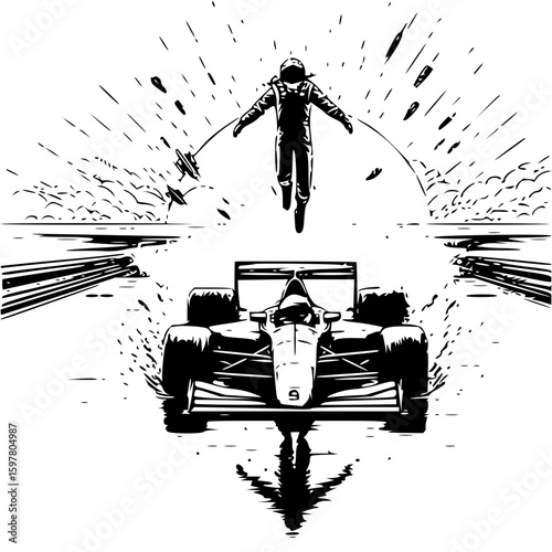 A race car with a driver floating above it in a black and white sketch style illustration art