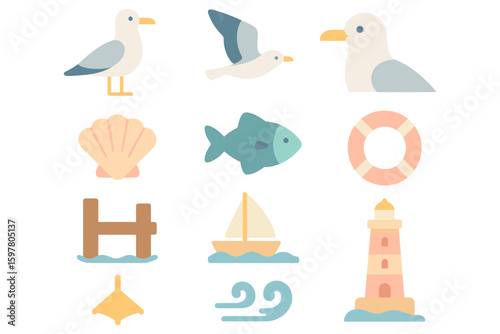 Nautical beach elements vector illustration for summer design in flat style