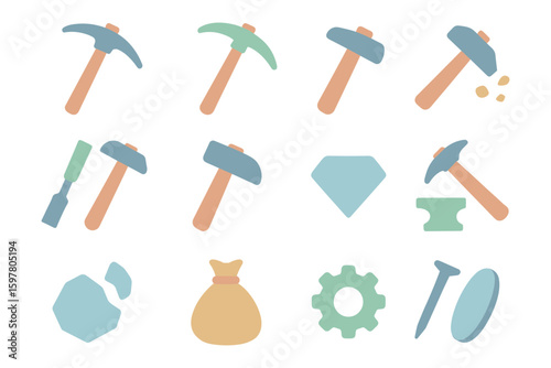Mining tools vector illustration: flat style icons for industrial design