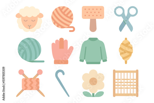 Knitting and crochet tools vector illustration: flat style design for craft and hobby projects