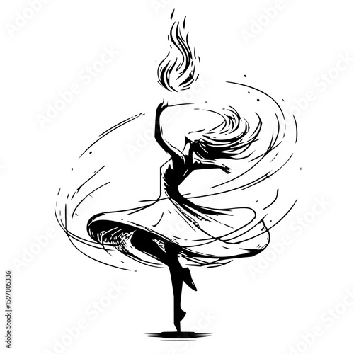 Silhouette of a dancing woman holding a flame with swirling lines around her in black and white style