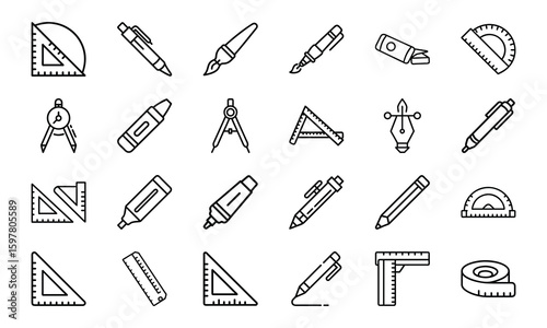Collection of simple black and white line art school and office supply icons