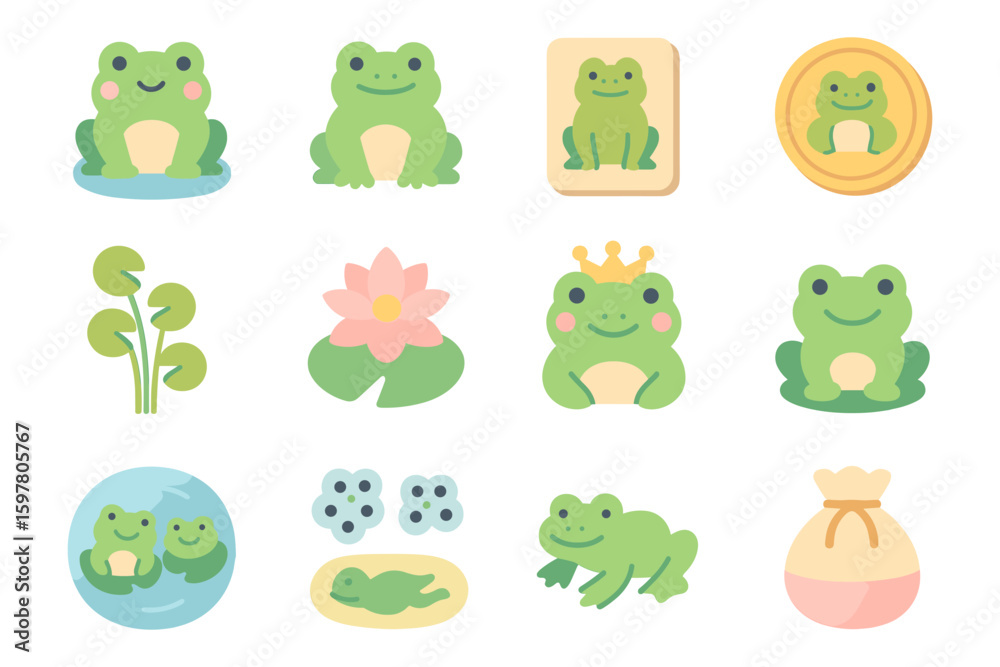 Fototapeta premium Frog icons vector illustration for nature-themed graphics in flat style