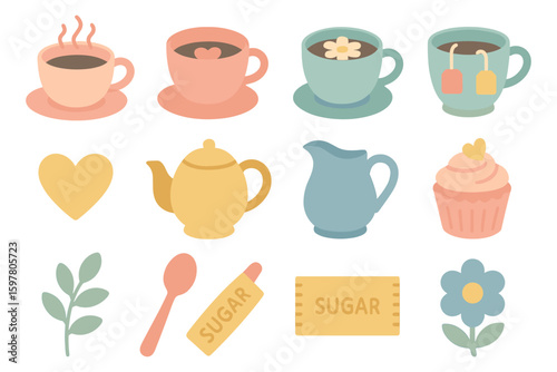 Cozy tea time vector illustration: flat design for cafe decor and kitchen art