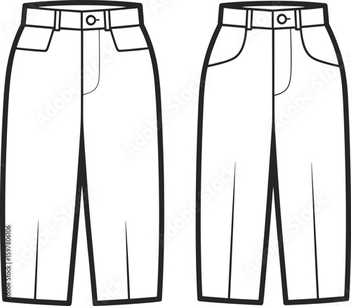 cad drawing flat vector illustration of high waist straight leg pants technical fashion sketch with waistband pocket front view