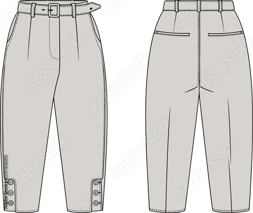 cad drawing flat vector illustration of high waist trousers with belt, fashion technical sketch, tapered pants design template