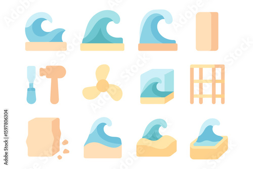 Sea waves and tools vector illustration for icon set design in flat style