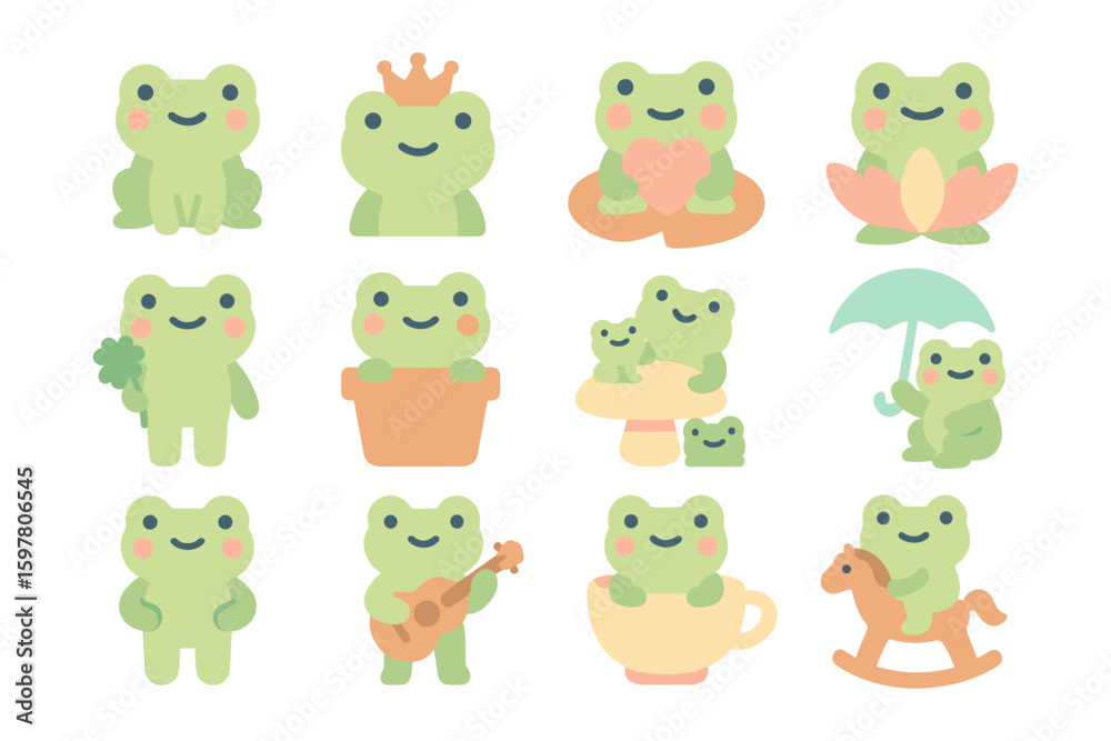 Fototapeta premium Cute frogs vector illustration set for children's designs in flat style