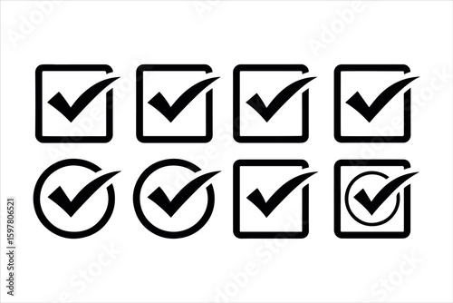 Check mark sticker and icon set with mail envelope button symbols for web and business design