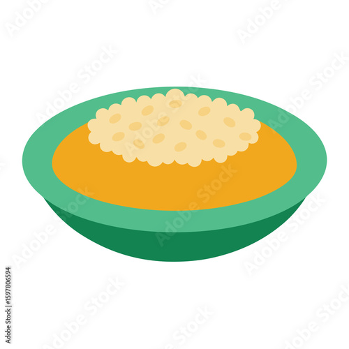 Green bowl filled with creamy yellow porridge and textured grains vector