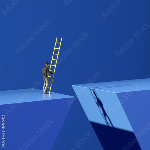 A man standing at a gap and trying to bridge it with  a ladder. Concept for taking risks, courage, the way forward, finding solutions.