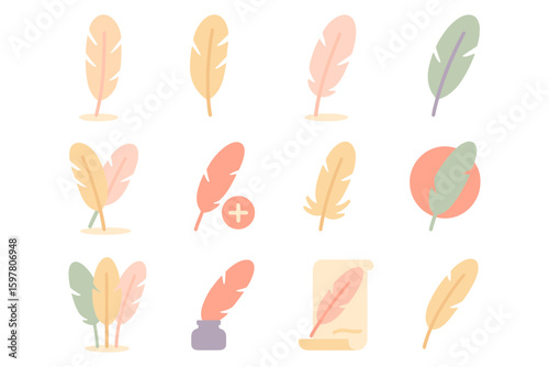 Pastel feather vector illustration set for creative design projects, flat style