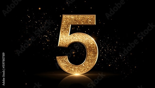 Gold glitter number five on black background