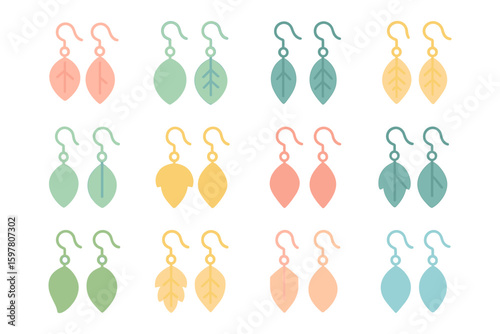 Colorful leaf earring collection vector illustration for jewelry design in flat style