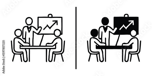 Strategic Collaboration in the Boardroom: A graphic representation of a boardroom meeting, depicting a presentation and a collaborative environment for strategizing.
