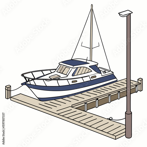 White blue motor yacht docked at wooden pier with lamppost boat motorboat