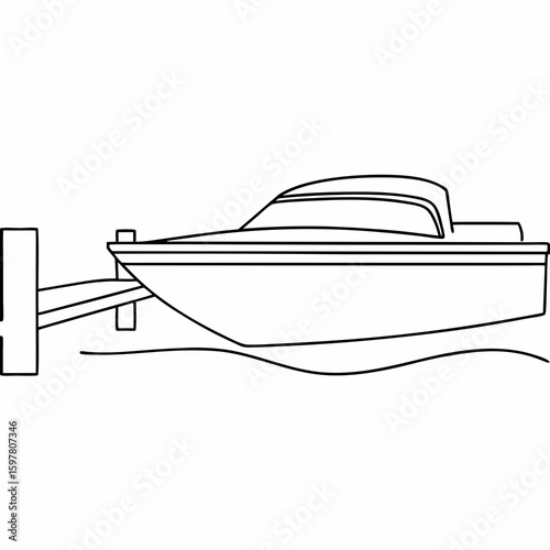 Sleek motorboat moored to a simple dock vessel docked