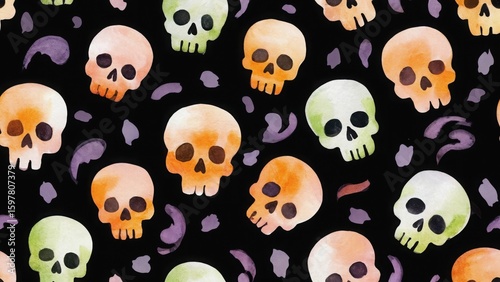 seamless watercolor pattern with halloween skulls