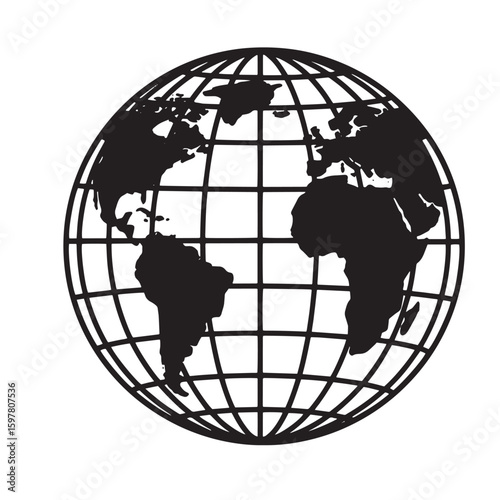 Black and white globe illustration representing global connection and international concepts.