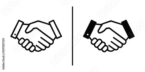 Handshake Icon: A stark, graphic illustration of two hands clasped in a formal handshake, symbolizing agreement, partnership, and successful collaboration.
