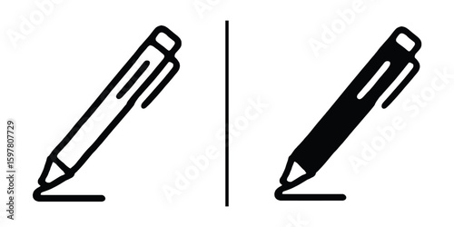Pen's dual view: A side-by-side comparison of a sleek pen, rendered in both outline and filled-in styles, suggesting the duality of creativity. 