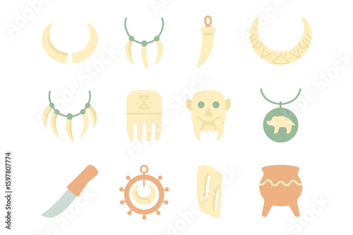 Primitive jewelry and artifacts vector illustration for tribal culture design
