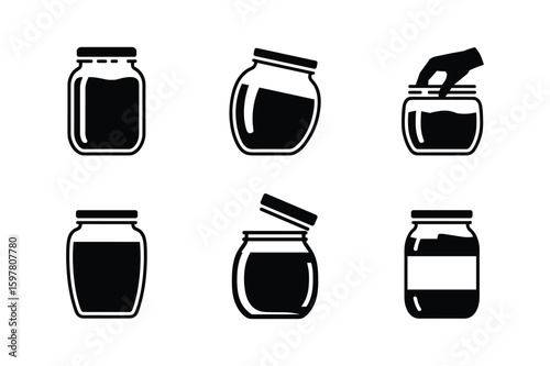 Black glass jars with various contents and lids container food