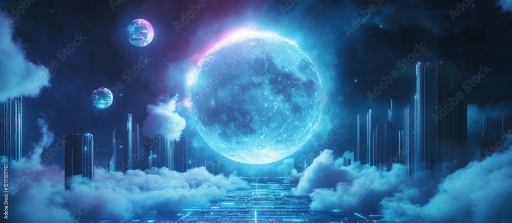 Fototapeta premium Futuristic city on clouds with a glowing moon and planets.