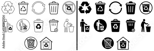 Recycling and Waste Management Icons: A comprehensive collection of recycling symbols and waste management icons. Conveying the crucial themes of reduce, reuse, recycle, waste management.