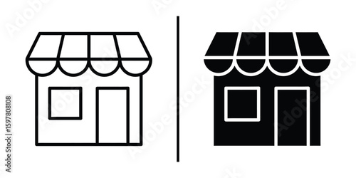 Shopfront Icons: A contrasting set of shopfront icons, one in outline form and the other as a solid silhouette, suitable for diverse applications.