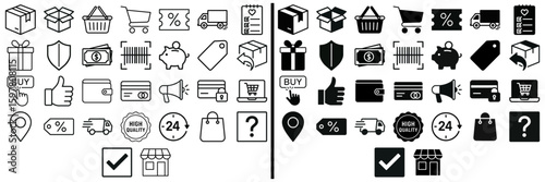 E-commerce Icons: A curated collection of essential e-commerce icons, presented in a versatile and adaptable style, ready to enhance and enrich any digital interface.