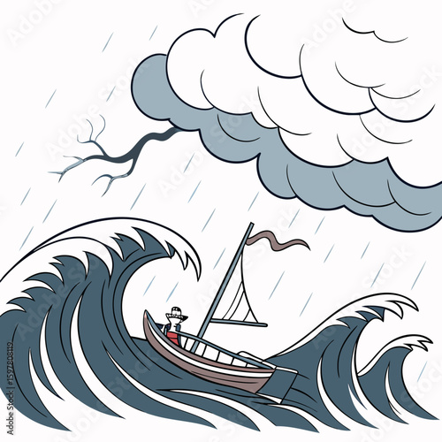 Small boat tossed by stormy waves under dark clouds and rain stormy sea