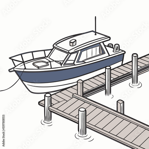 Blue motorboat docked at wooden pier on white background vector