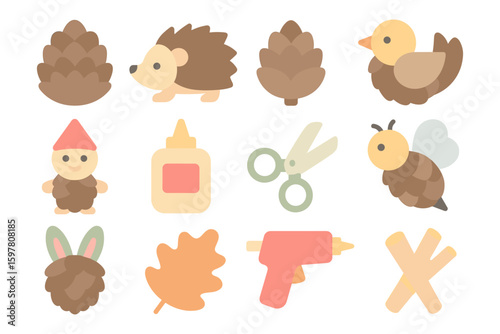Cute autumn animals and craft tools vector illustration - flat style design for kids