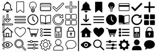 Icon Collection: A comprehensive set of essential icons in minimalist graphic design, perfect for user interfaces and digital applications, clearly organized and easy to implement.