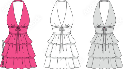 Halter neck tiered dress fashion illustration, V-neck summer design, cad drawing flat vector illustration, stylish garment layout icon