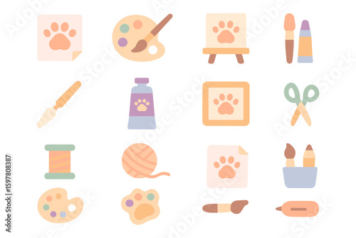 Cute art tools and pet paw icons vector illustration for craft design